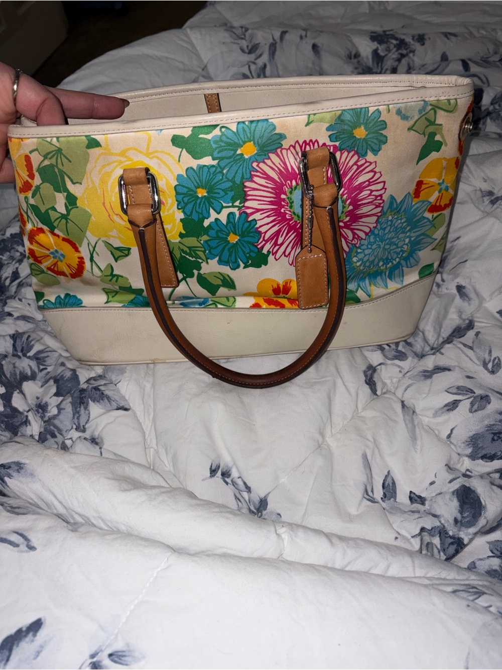 Coach Cream Floral Leather Tote with Brown Handles